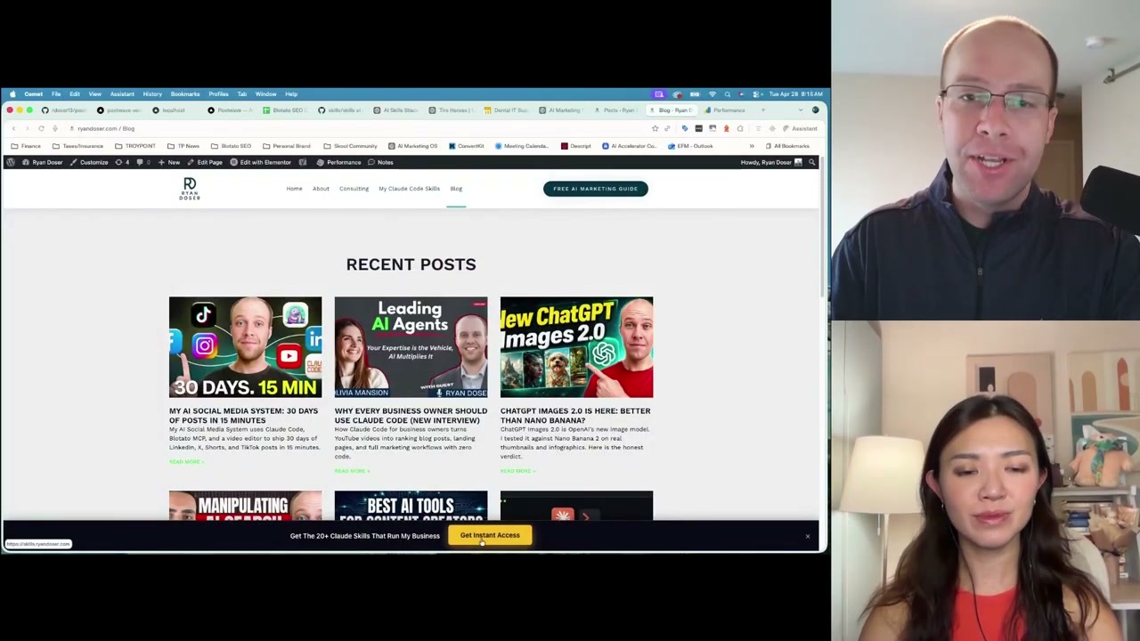 AI marketing advice for entrepreneurs showing ryandoser.com blog during the podcast interview