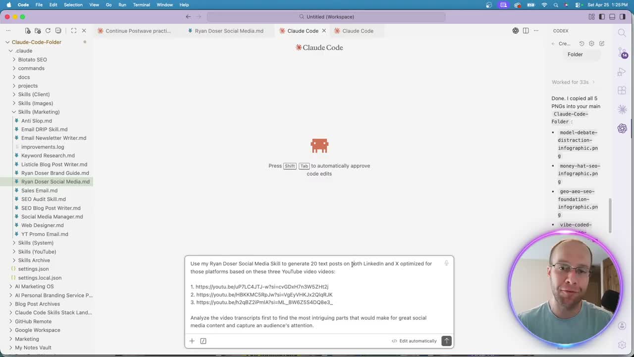 AI social media system Claude Code prompt using Ryan Doser social media skill to generate posts