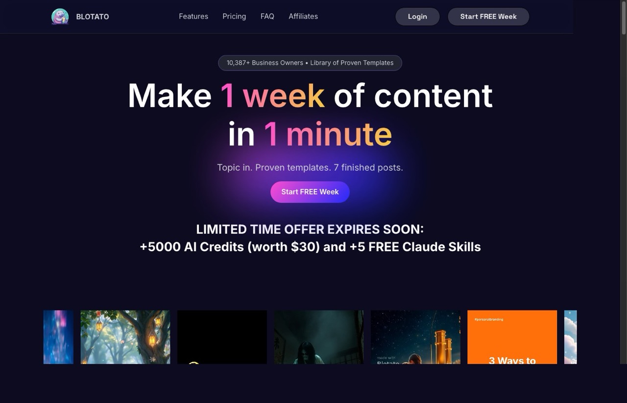 Best AI tools for content creators - Blotato homepage showing Make 1 week of content in 1 minute
