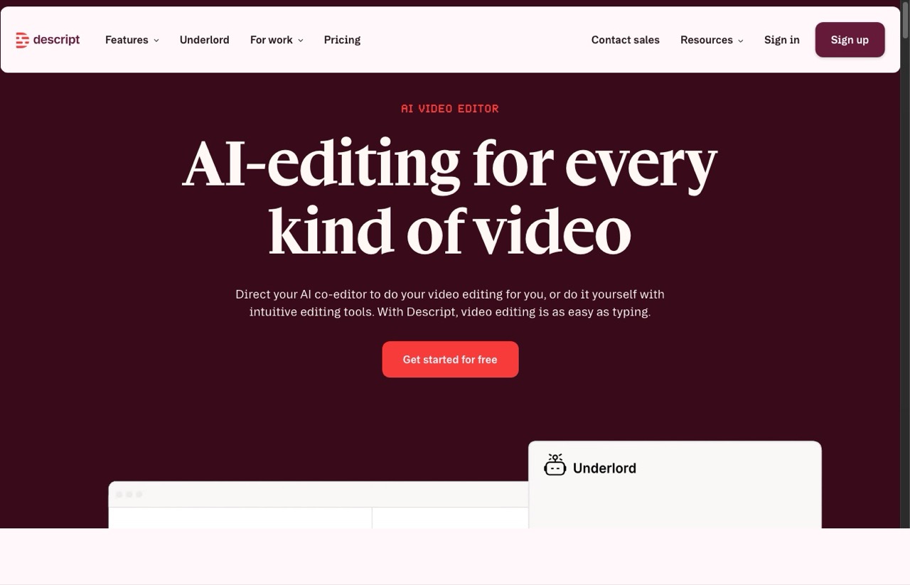 Best AI tools for content creators - Descript AI video editor homepage