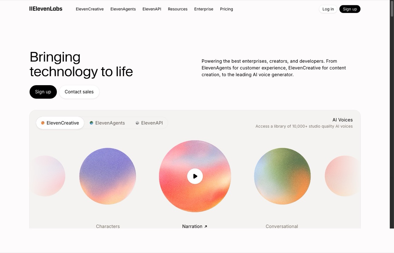Best AI tools for content creators - ElevenLabs AI voice generator homepage