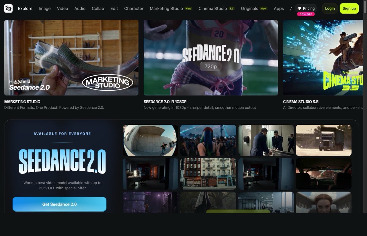 Best AI tools for content creators - Higgsfield AI video generation platform homepage
