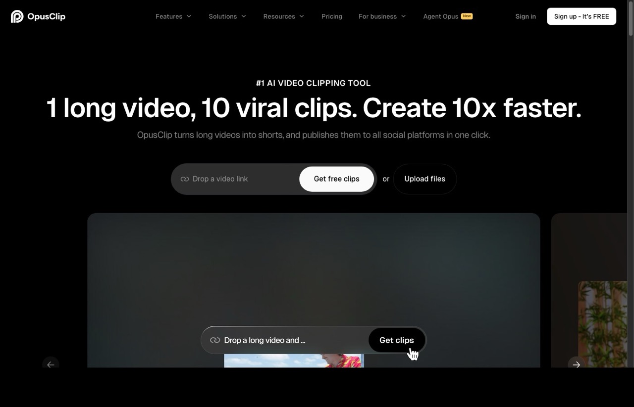 Best AI tools for content creators - Opus Clip homepage showing 1 long video 10 viral clips