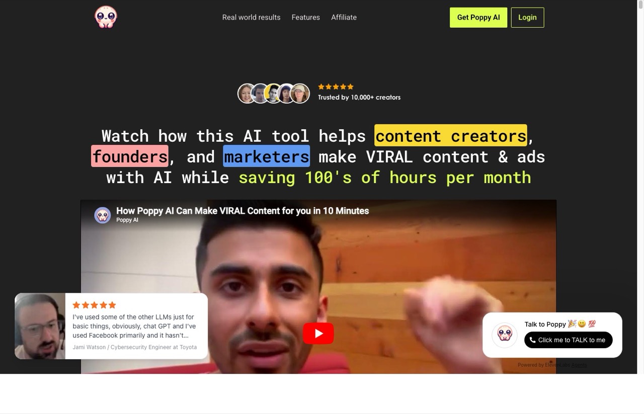 Best AI tools for content creators - Poppy AI homepage for viral content creation