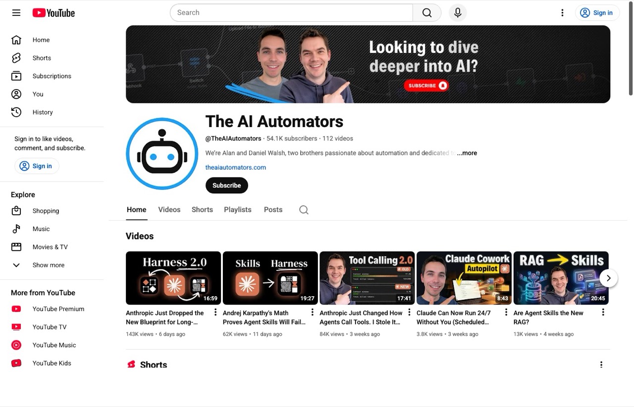 The AI Automators YouTube channel page with AI automation workflow tutorials