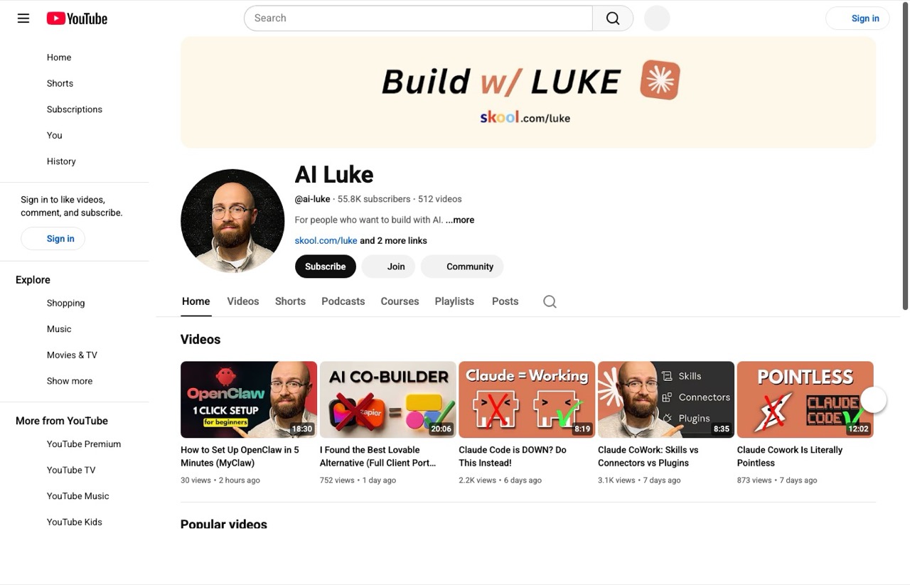 AI Luke YouTube channel page with AI coding and building tutorials