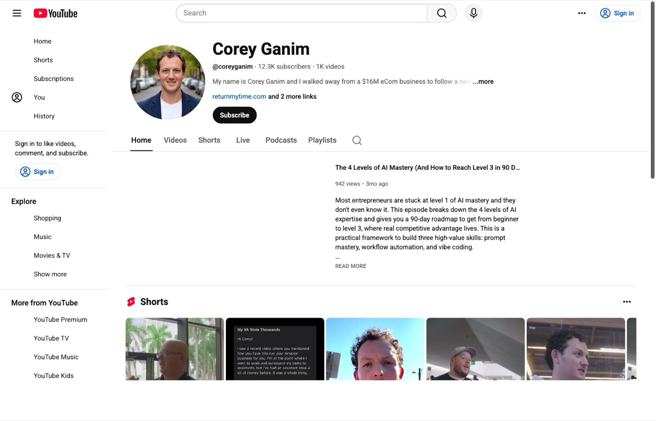 Corey Ganim YouTube channel page with AI for entrepreneurs and e-commerce