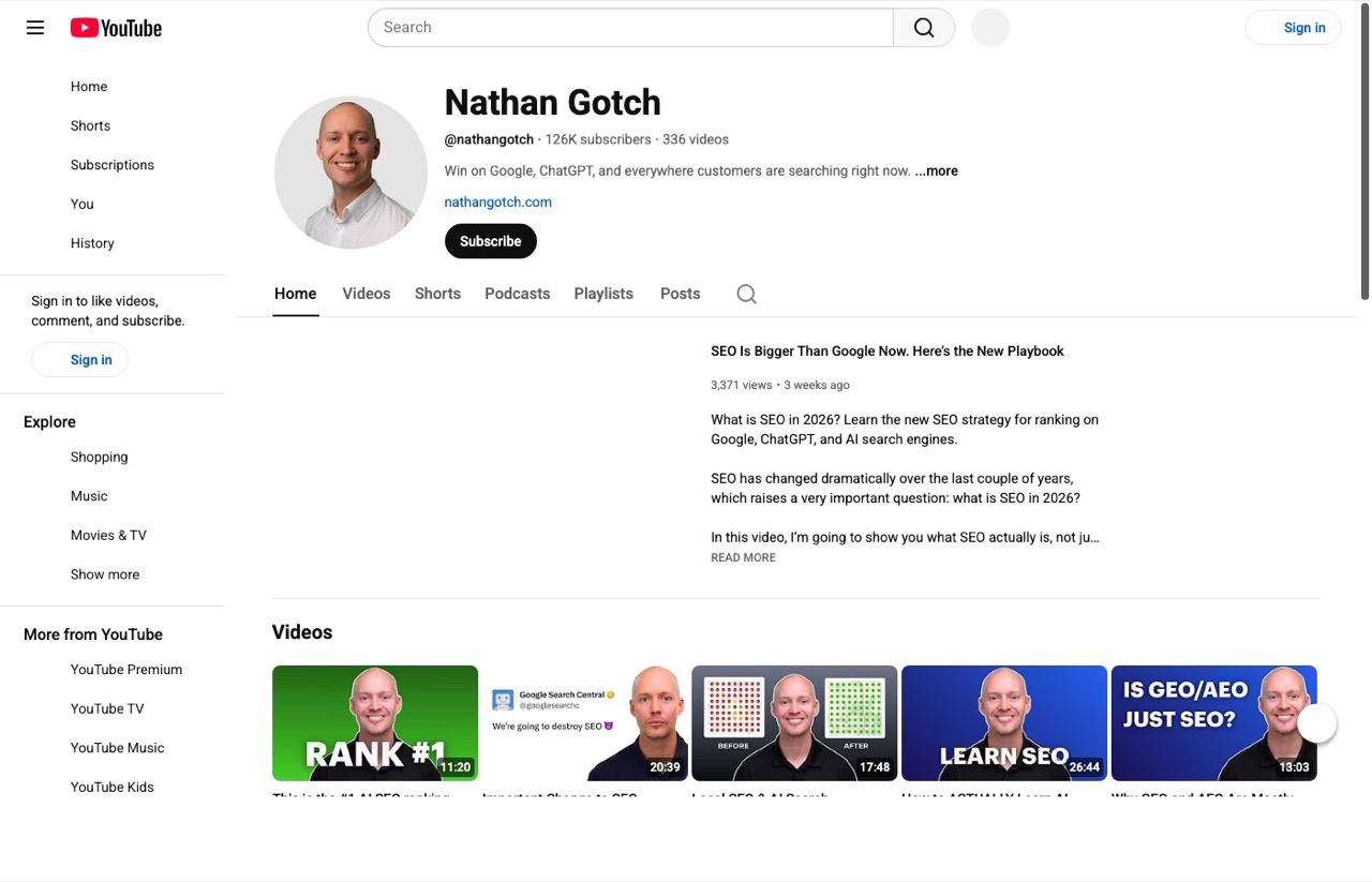Nathan Gotch AI SEO YouTube channel page with search optimization tutorials