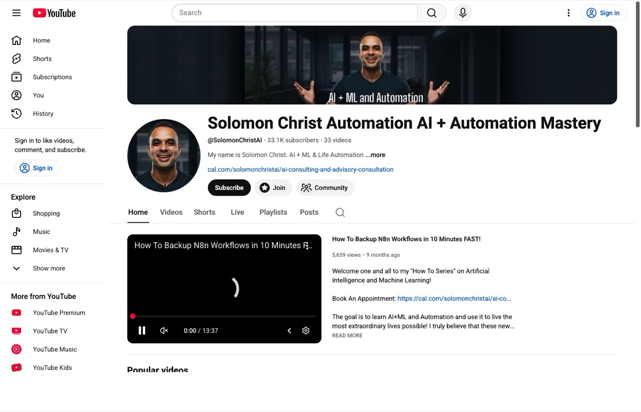 Solomon Christ AI YouTube channel page covering AI automation and machine learning