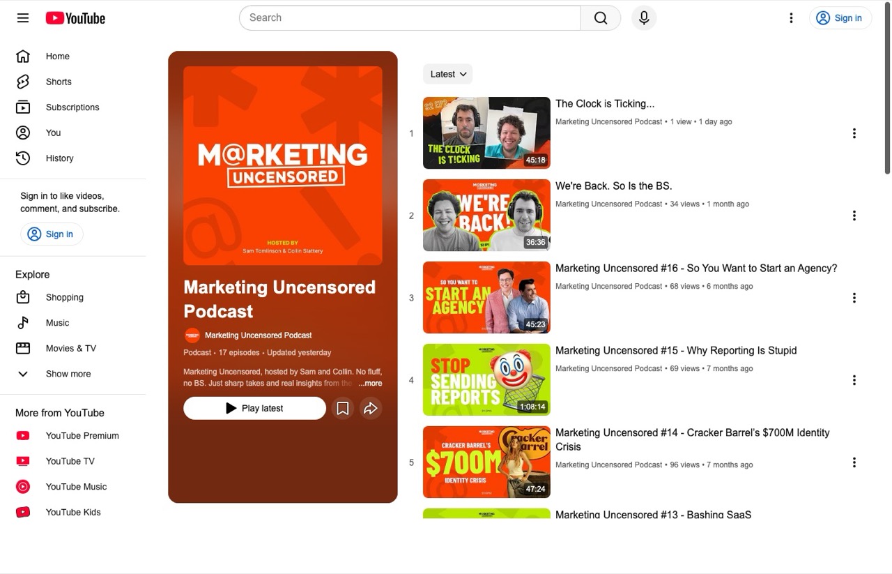 Best AI marketing podcasts Marketing Uncensored hosted by Sam Tomlinson and Collin Slattery
