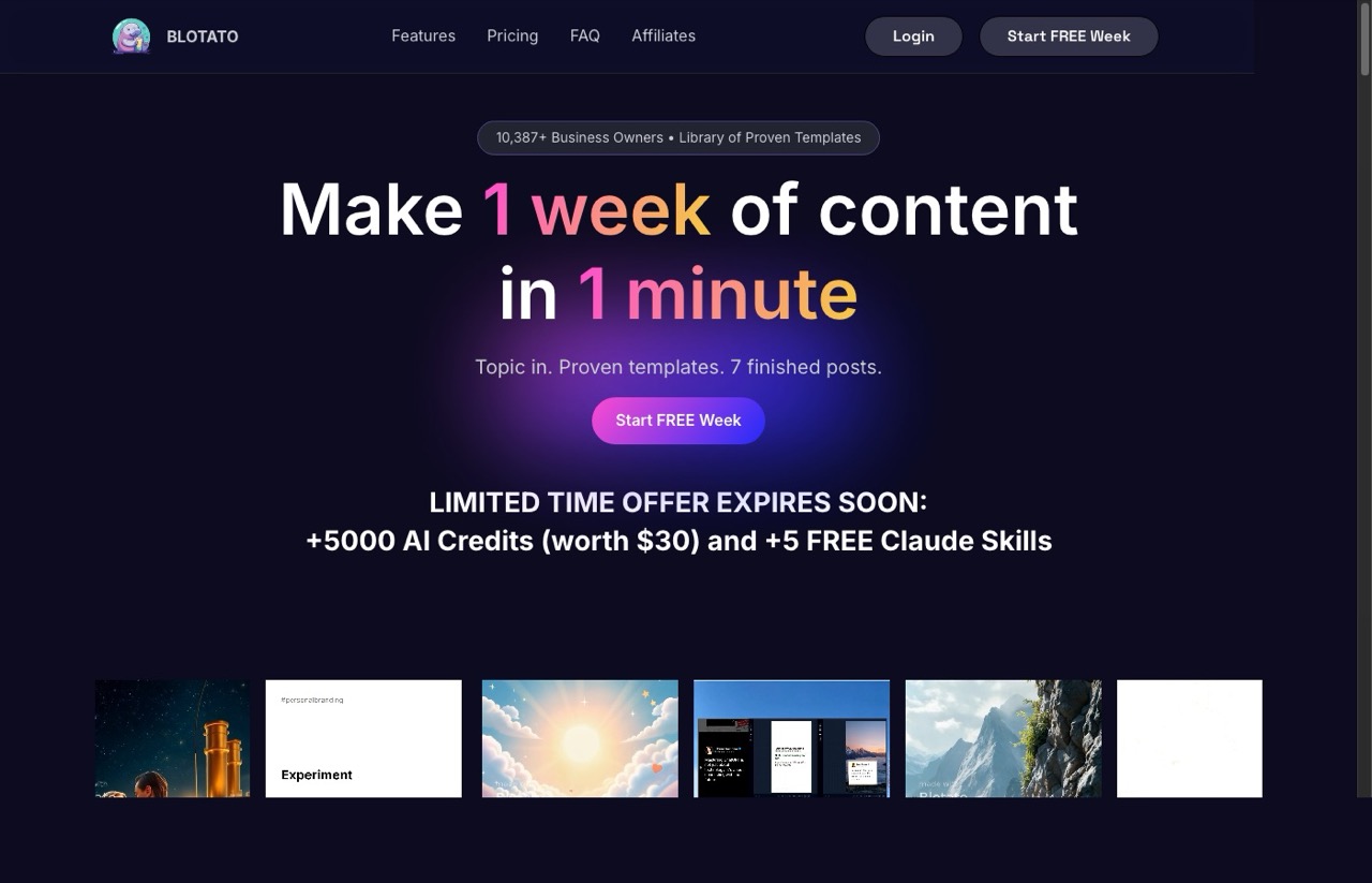 Best AI marketing tools Blotato homepage showing AI social media content scheduling platform
