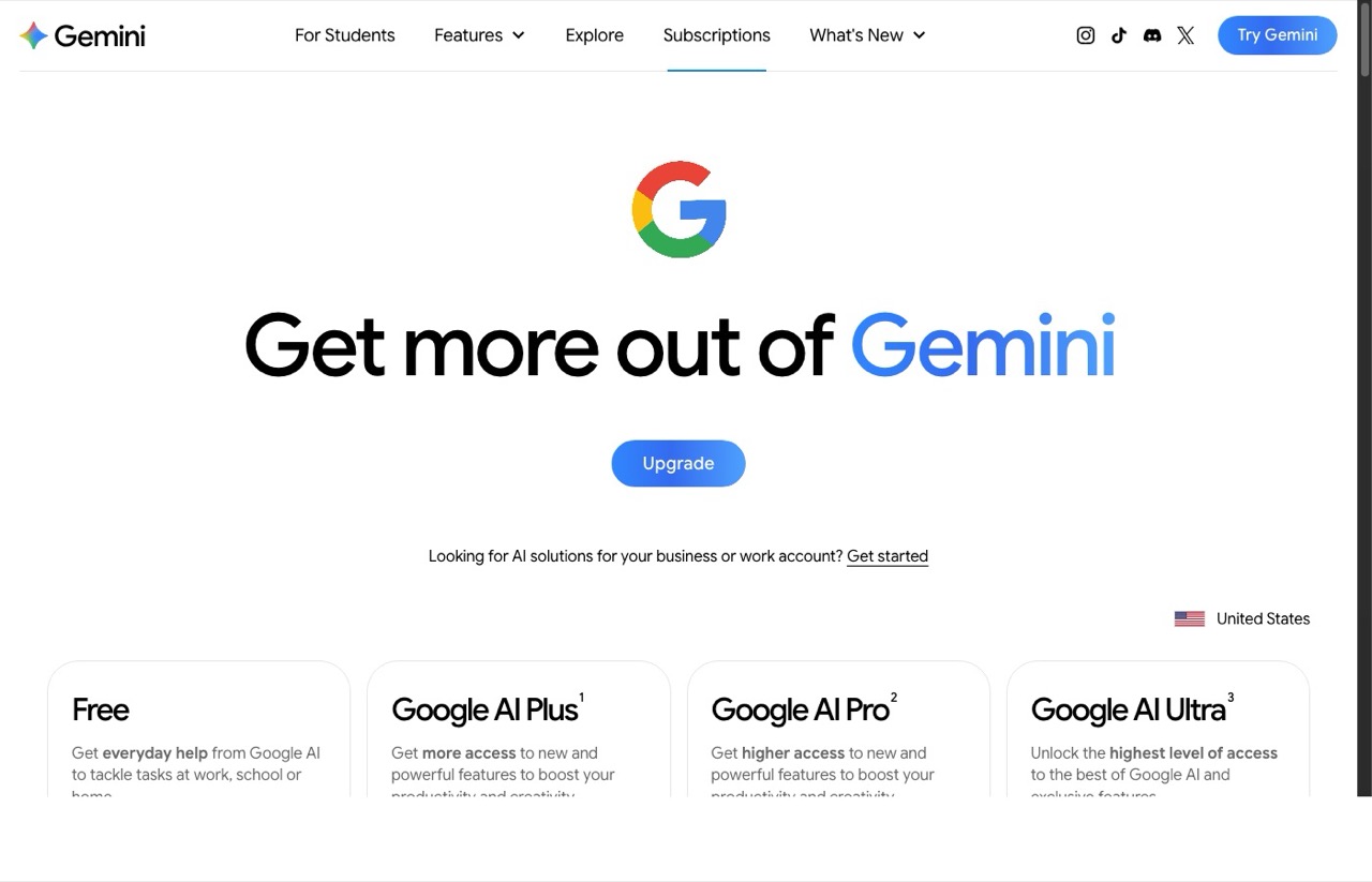 Best AI marketing tools Google AI Pro Gemini subscription page showing pricing tiers