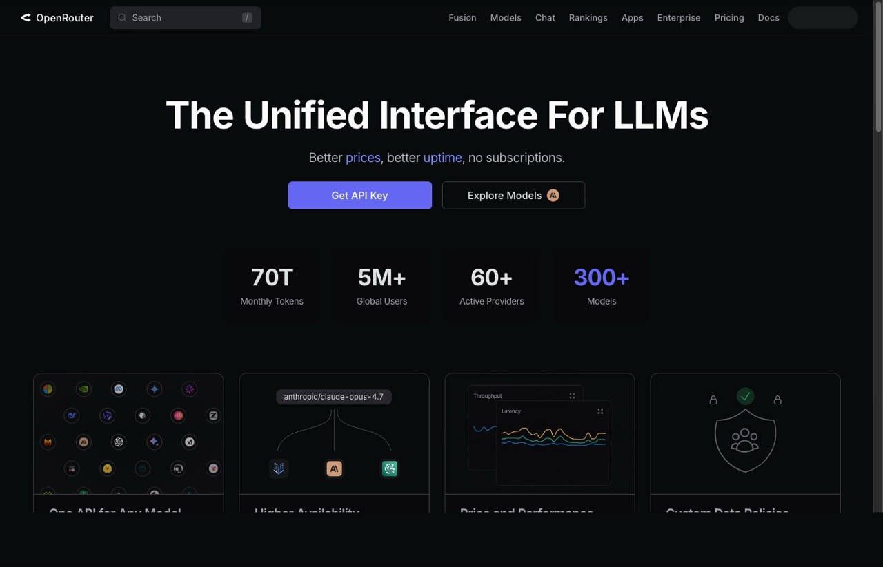 Best AI marketing tools OpenRouter homepage showing unified interface for LLM API access