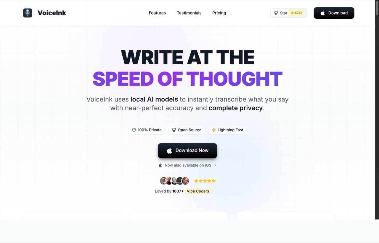 Best AI marketing tools VoiceInk homepage showing local AI voice to text app for Mac