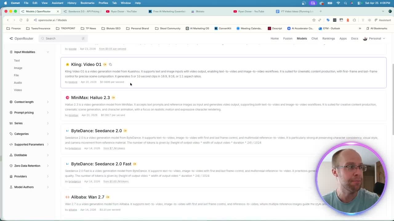 Claude Code AI video models list inside OpenRouter showing Kling Seedance and ByteDance options