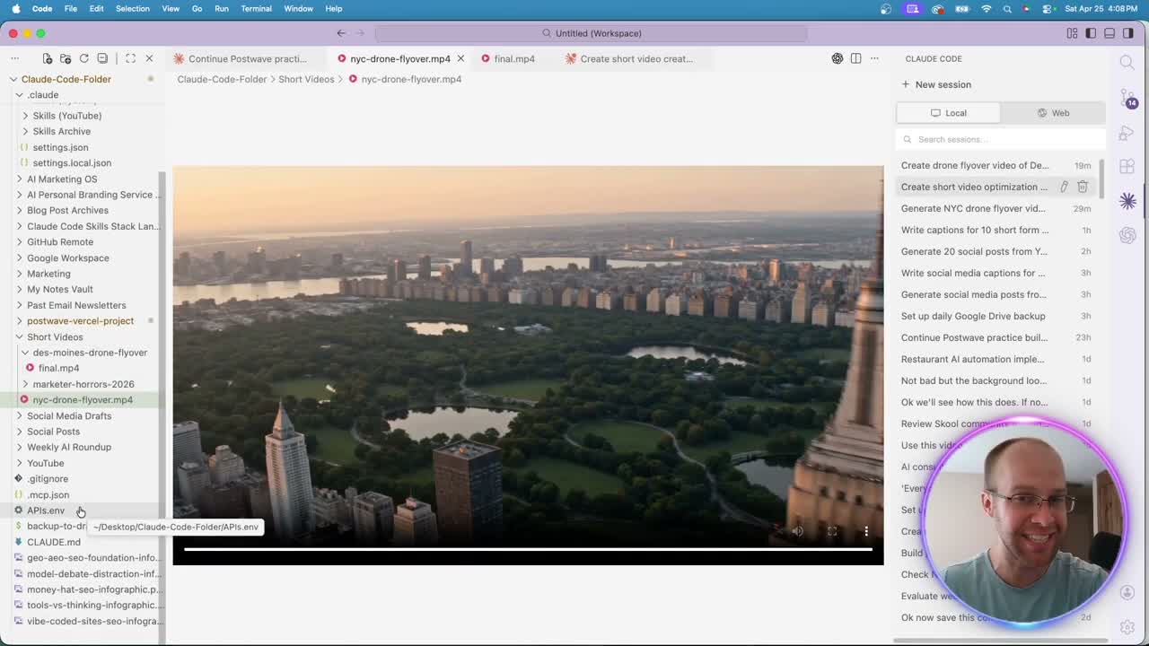 Claude Code AI video NYC drone flyover generated with Seedance 2.0 in editor with APIs.env file visible
