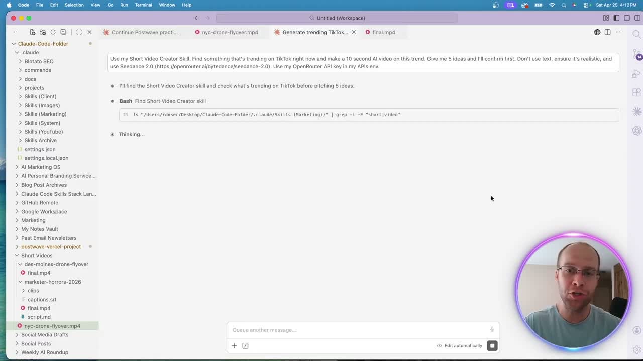 Claude Code AI video Short Video Creator skill prompt calling Seedance 2.0 via OpenRouter API key