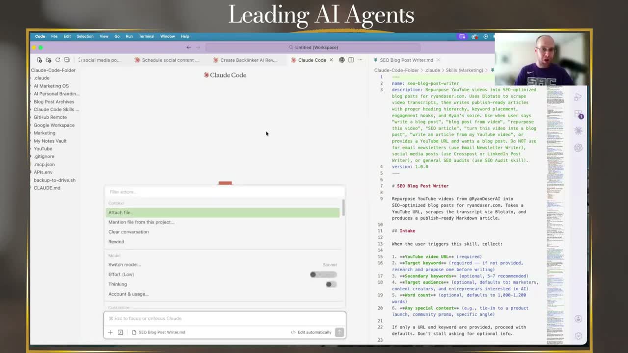 Claude Code for business owners SEO blog post writer skill markdown file open in VS Code