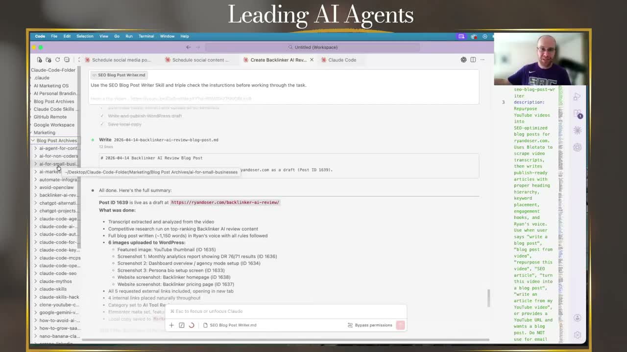 Claude Code for business owners workflow producing a WordPress draft with screenshots and internal links