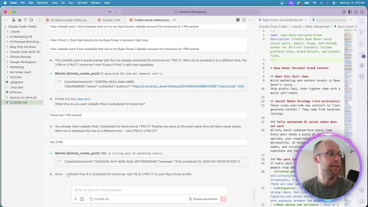 Claude Code posting to X and scheduling LinkedIn posts through Blotato MCP
