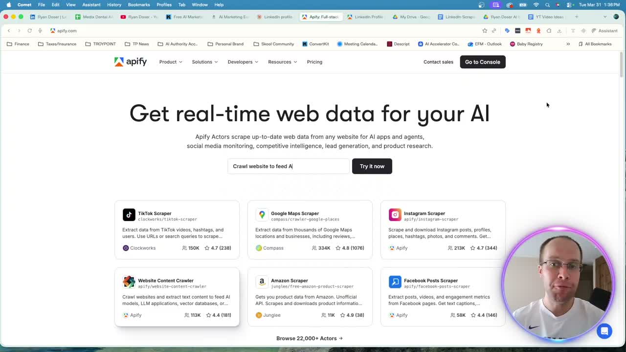 Apify marketplace showing LinkedIn scrapers and data extraction tools