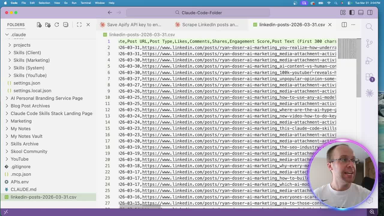 Claude Code CSV output showing scraped LinkedIn post data with engagement scores
