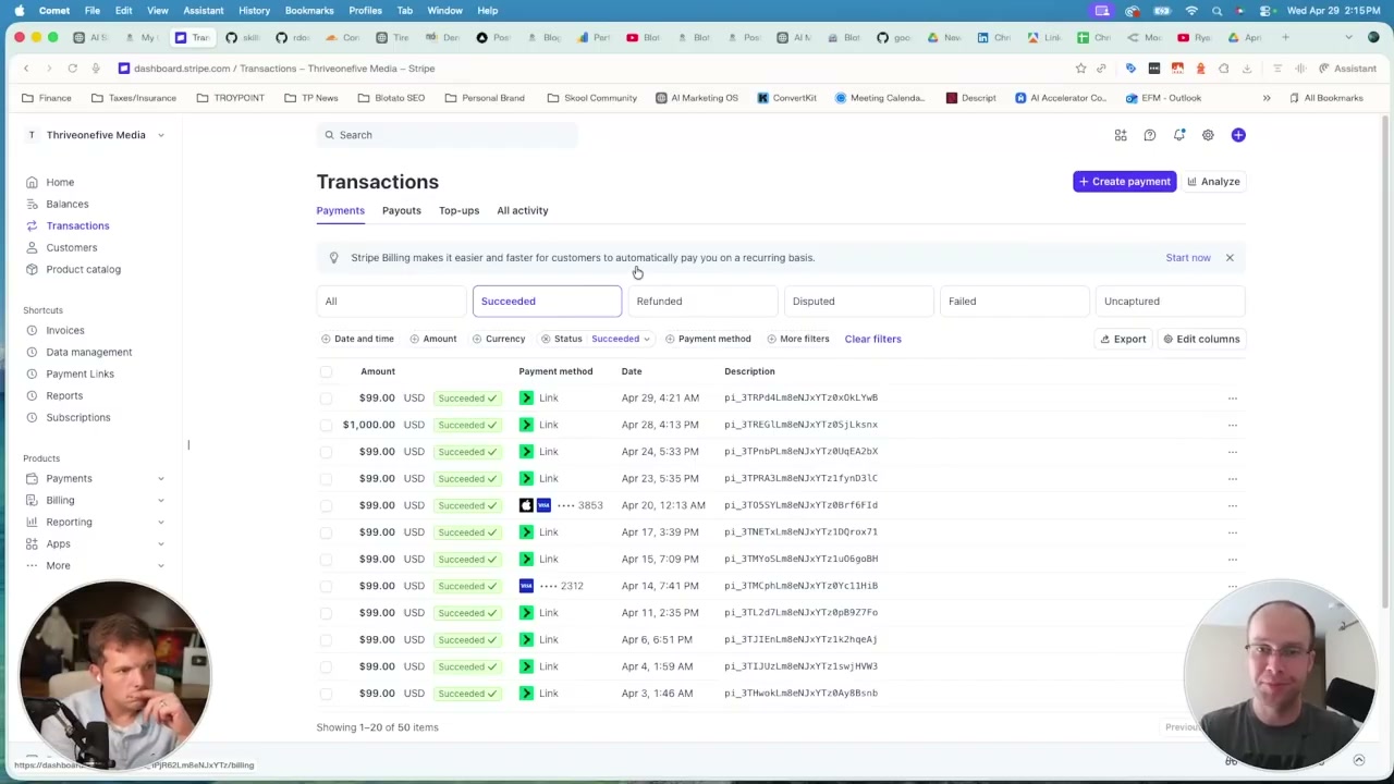 Claude AI side hustle Stripe revenue dashboard with $99 and $1000 transactions