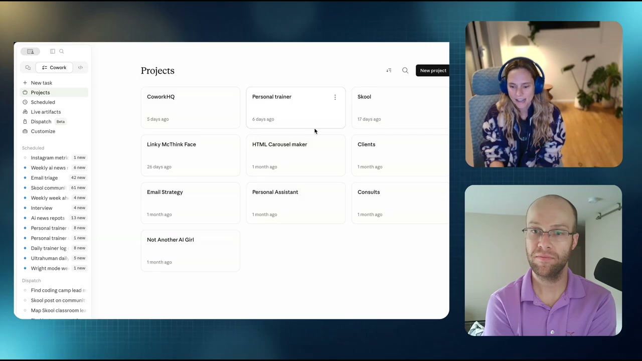 Claude Cowork projects dashboard showing scheduled tasks for content creation