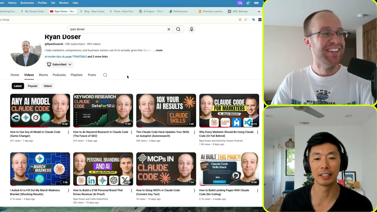 Claude Code repurpose YouTube videos shown on Ryan Doser AI YouTube channel page