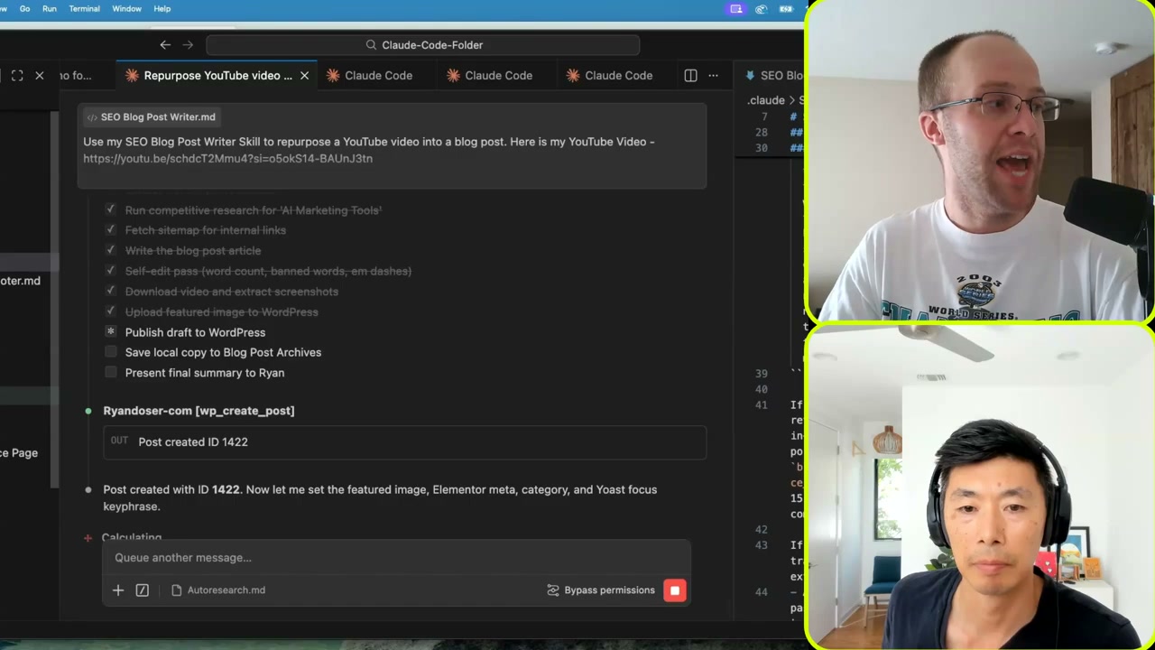 Claude Code repurpose YouTube videos checklist running inside VS Code with WordPress post creation