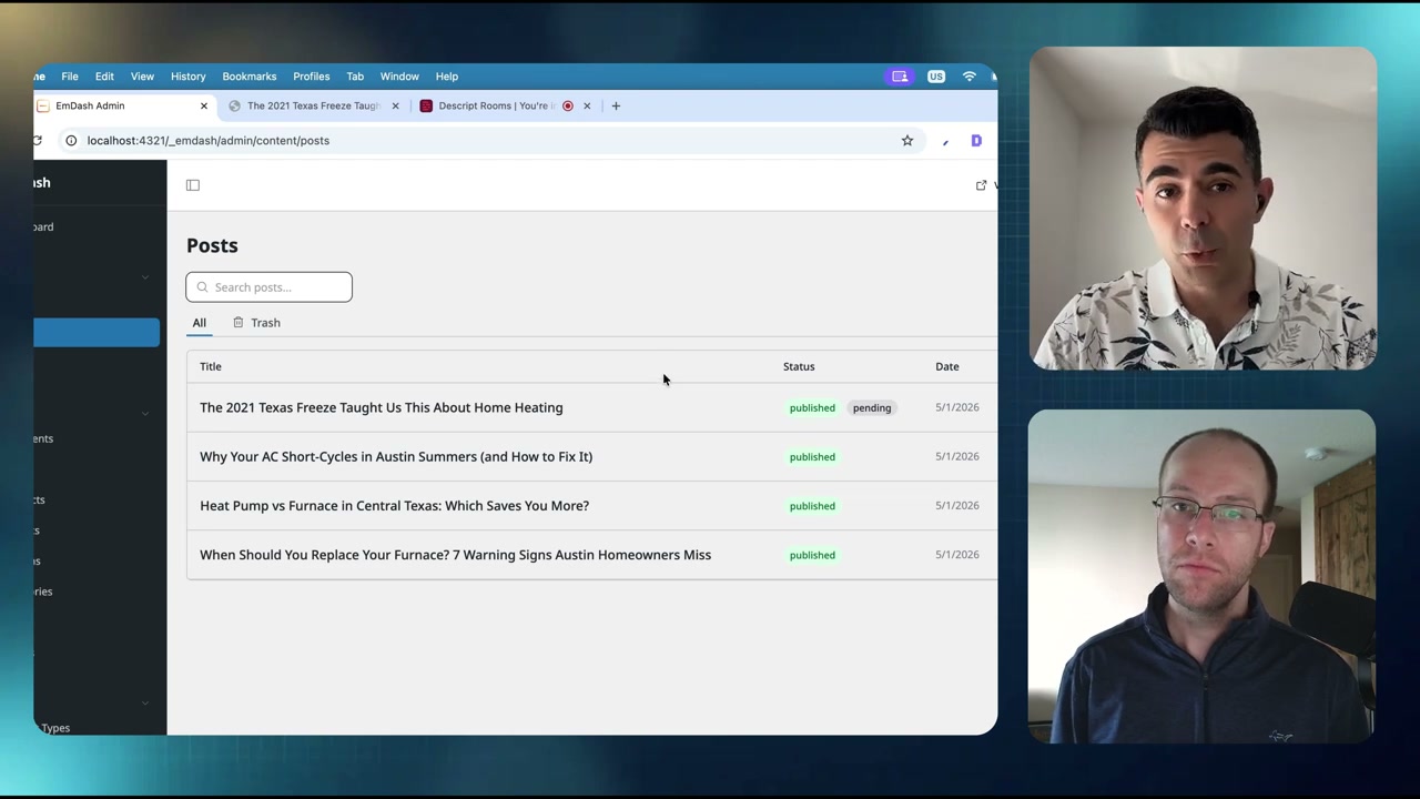 Cloudflare EmDash CMS posts dashboard showing draft and published article statuses