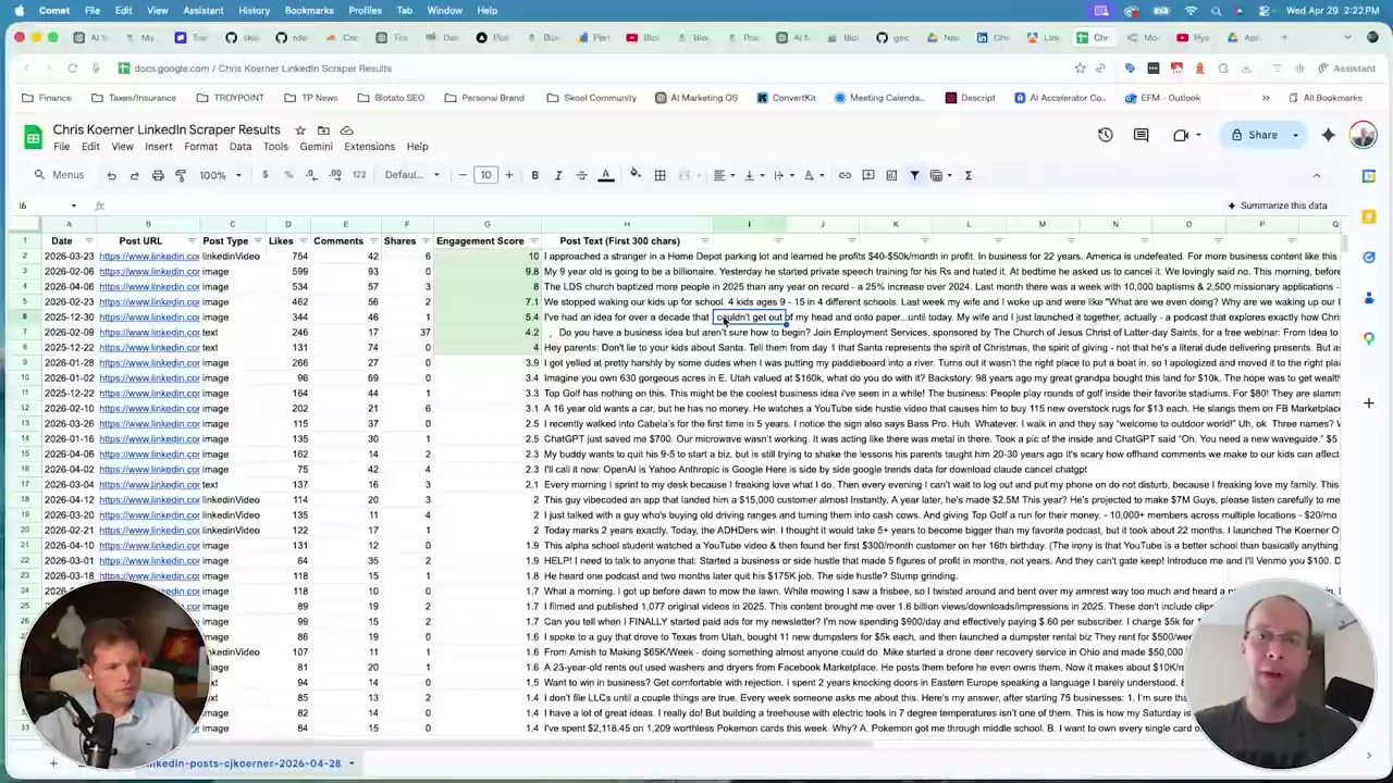 Sell Claude skills example with LinkedIn profile scraper results scored for engagement in a Google Sheet