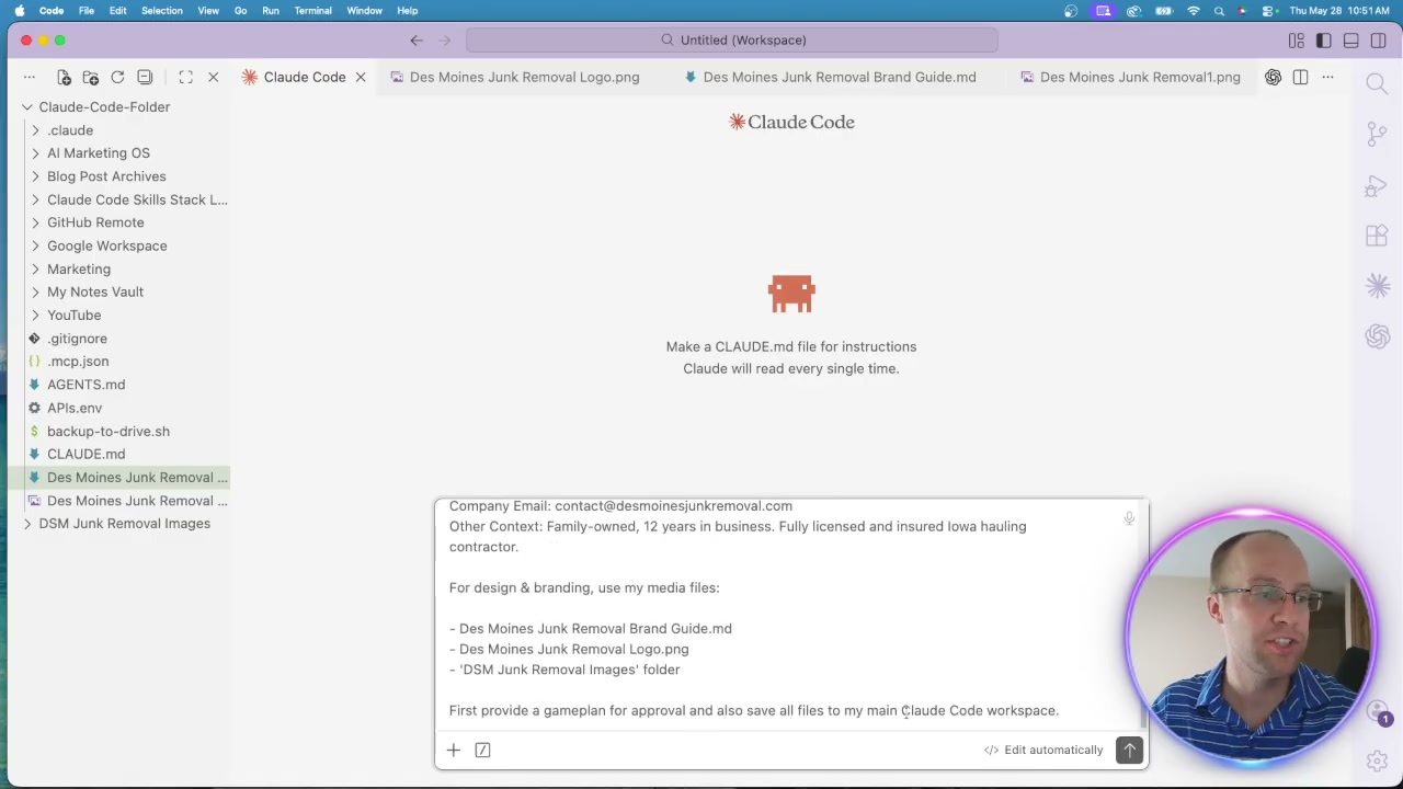 Vibe code websites Claude Code prompt with company details, brand guide, and logo files inside Visual Studio Code