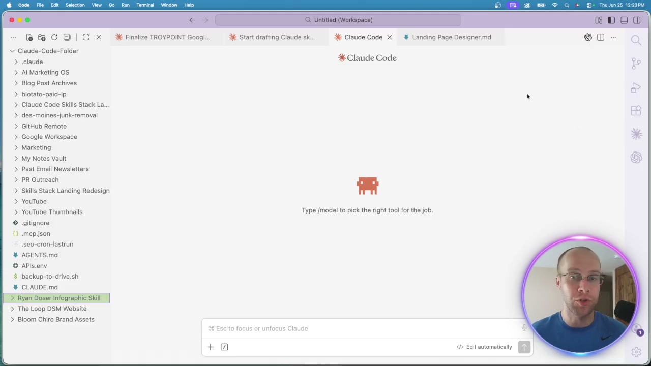 AI landing pages built in Claude Code with the landing page designer skill open in VS Code