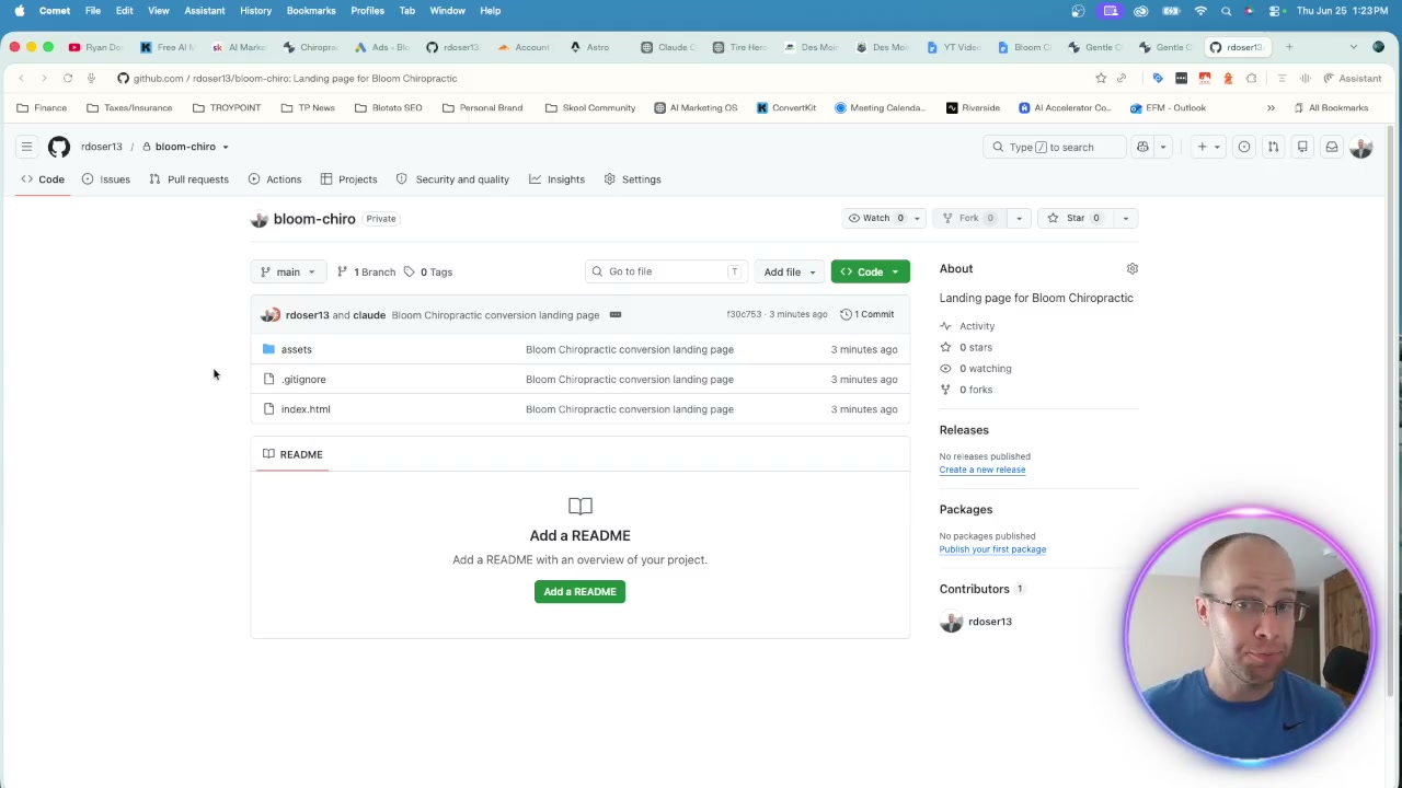 AI landing pages deployed through a GitHub repository for the Bloom Chiropractic conversion page