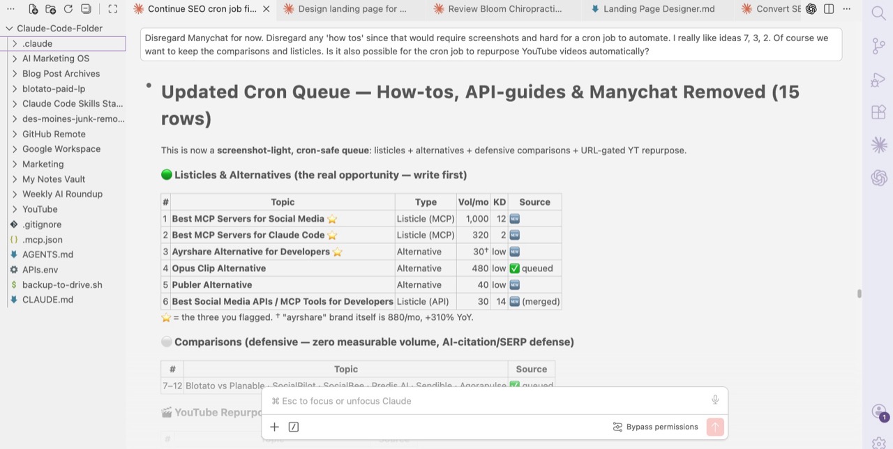 AI SEO system content queue in Claude Code mixing listicles, alternatives, and comparison posts