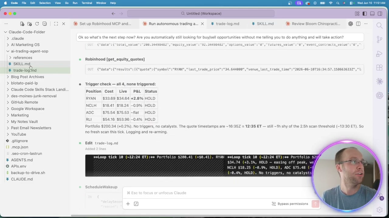 AI trading agent on Robinhood positions table inside Claude Code showing live P&L