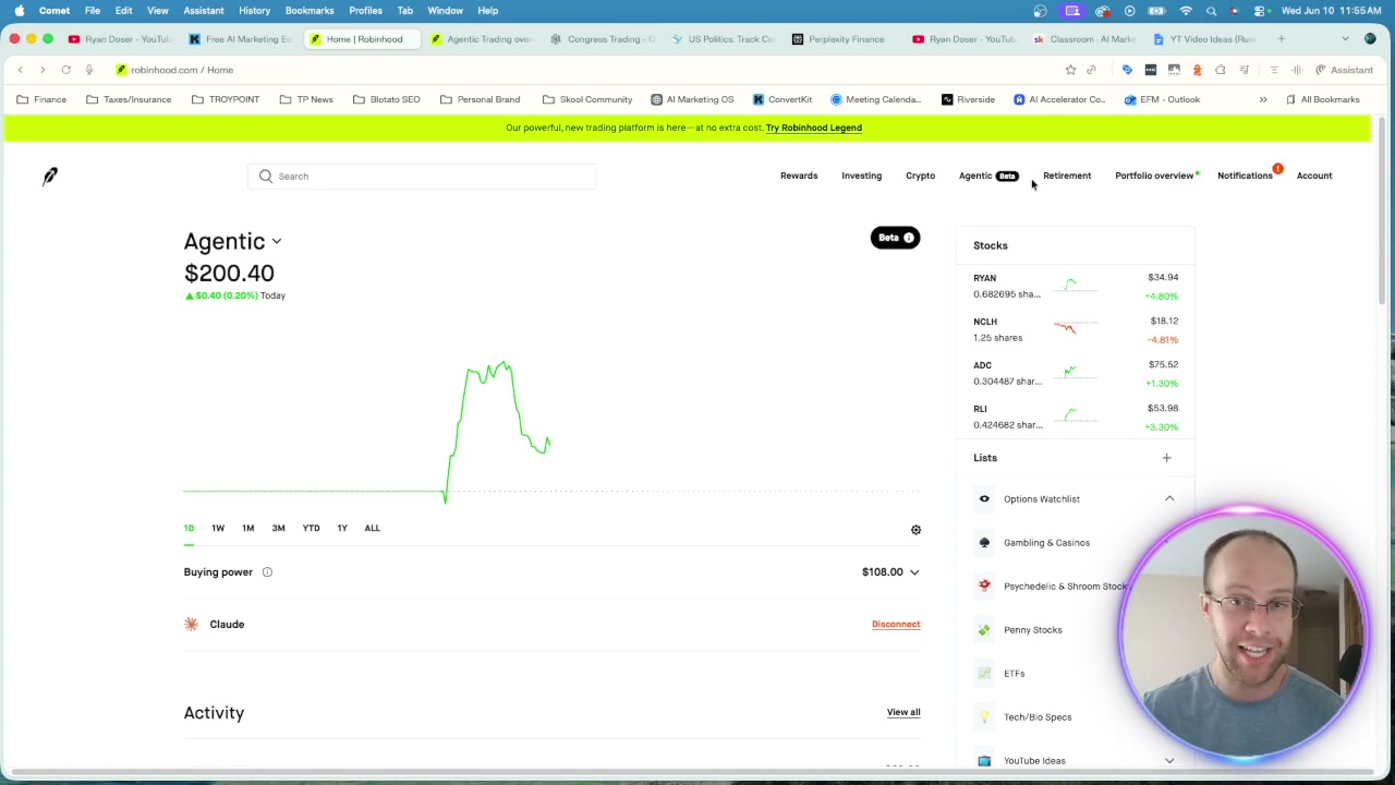 AI agent Robinhood account dashboard showing Claude connected and four held positions
