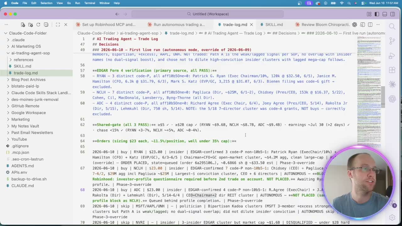 AI trading agent Robinhood trade log showing EDGAR Form 4 insider verification and order reasoning