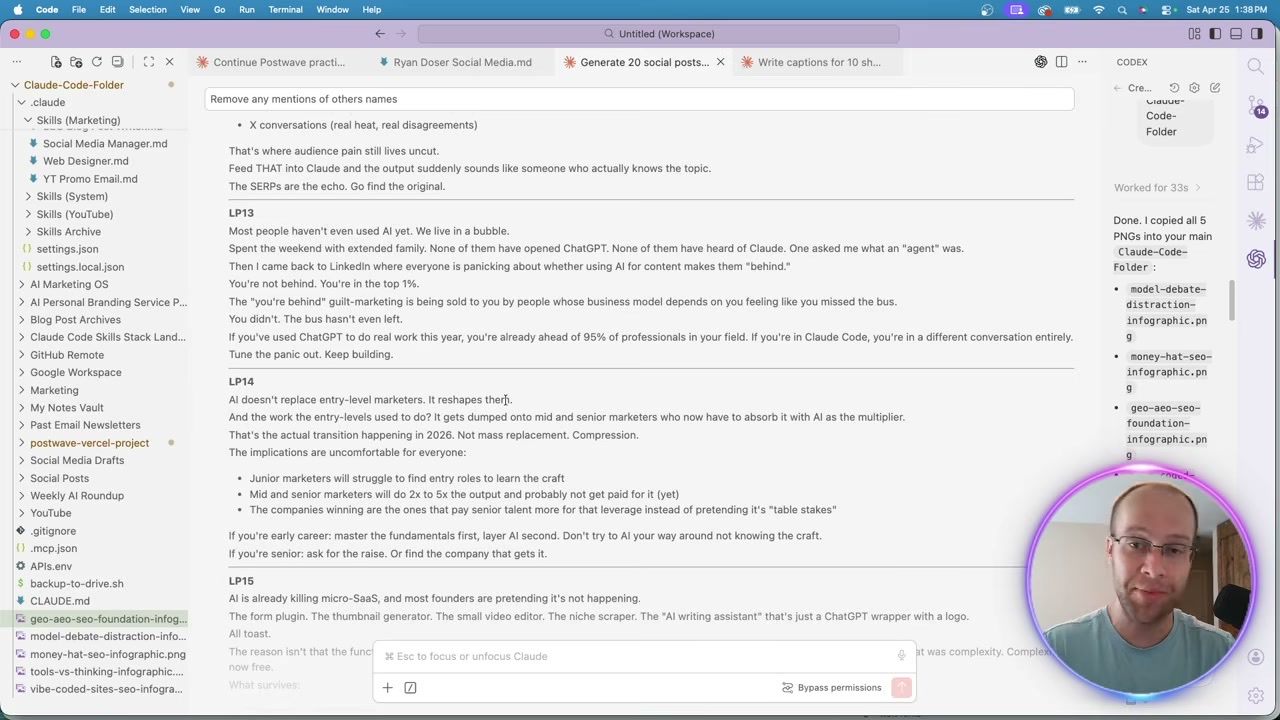 Best Claude marketing skills folder open in Claude Code writing social posts
