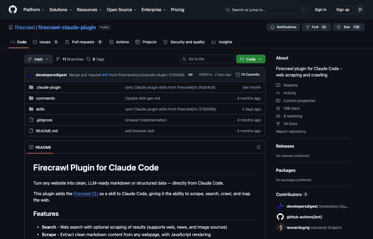 Firecrawl Claude skill for web scraping shown on GitHub