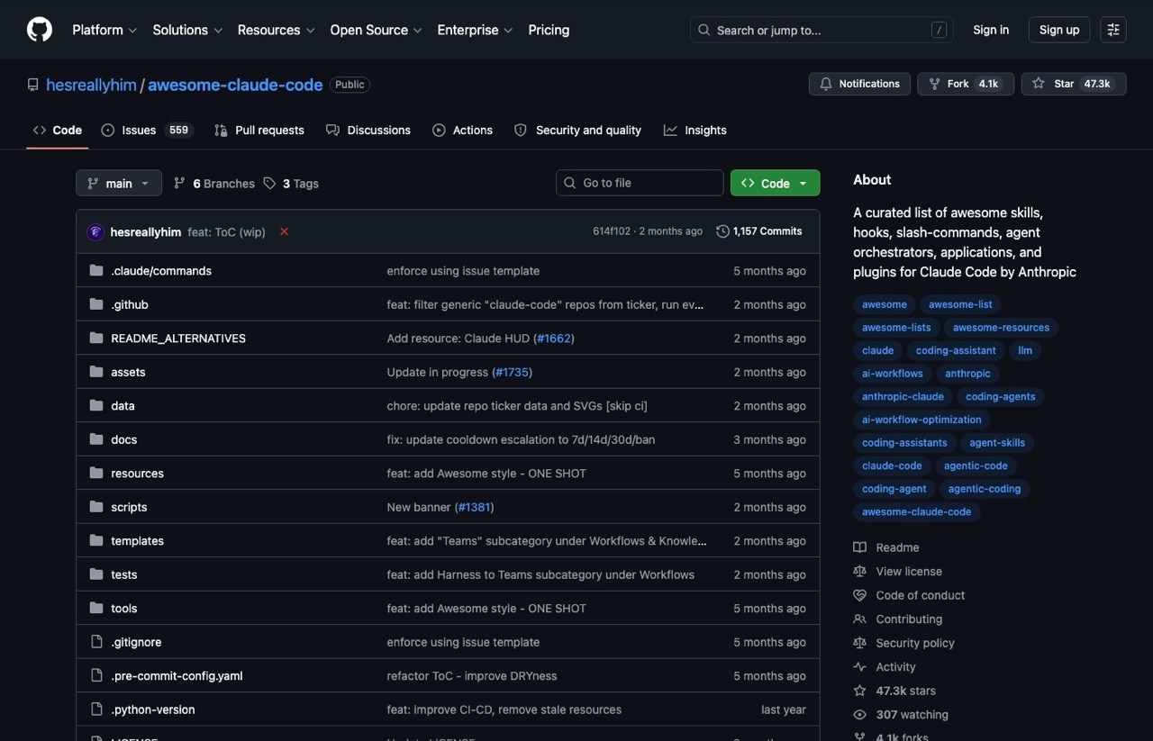 The awesome-claude-code curated list repo on GitHub