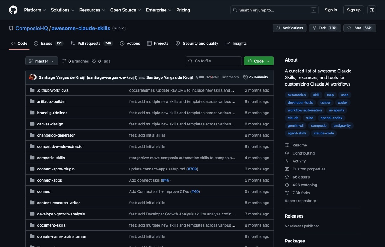 The Composio awesome Claude skills curated list repo on GitHub