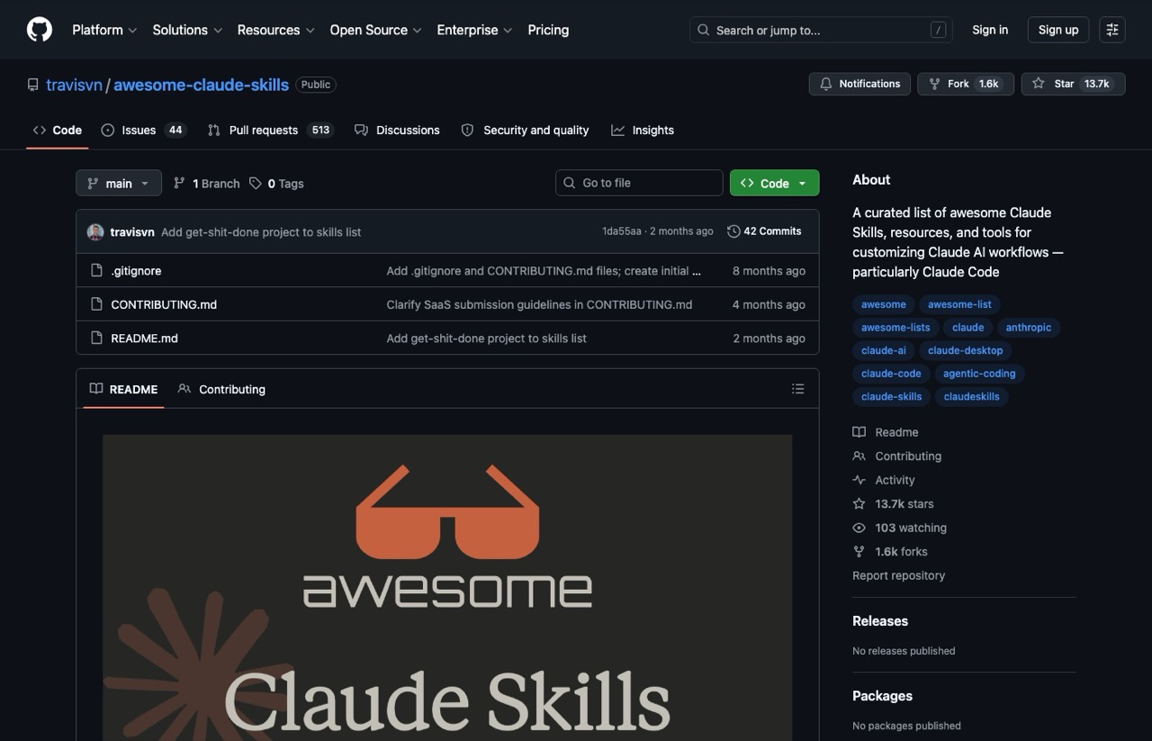 The travisvn awesome Claude skills curated list repo on GitHub