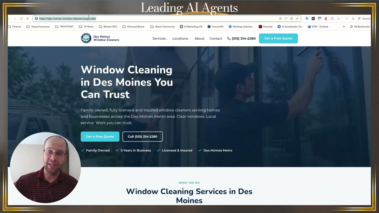 Build a website with Claude result showing the live deployed Des Moines Window Cleaners homepage
