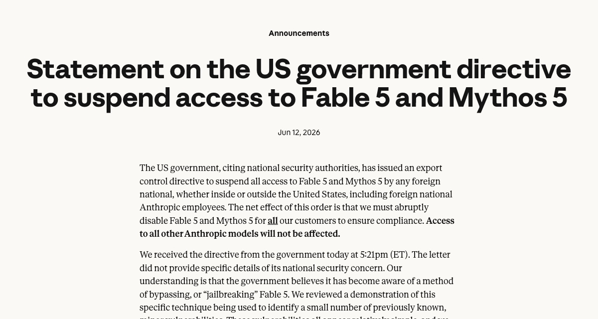 Anthropic official statement on the US government directive to suspend access to Fable 5 and Mythos 5
