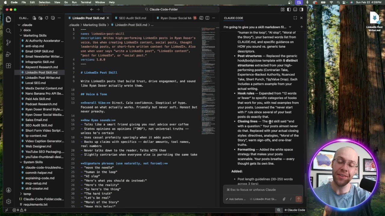 A Claude skill file with specific instructions and banned words instead of vague rules