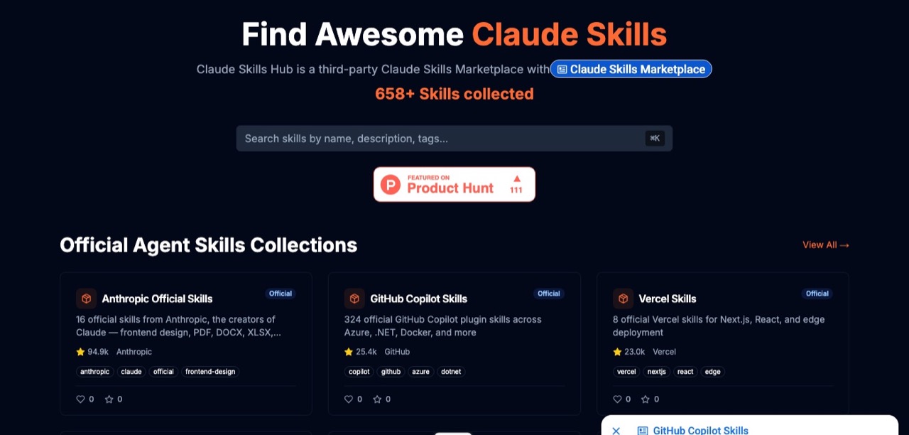 A free third-party Claude Skills marketplace directory listing skills to browse and download