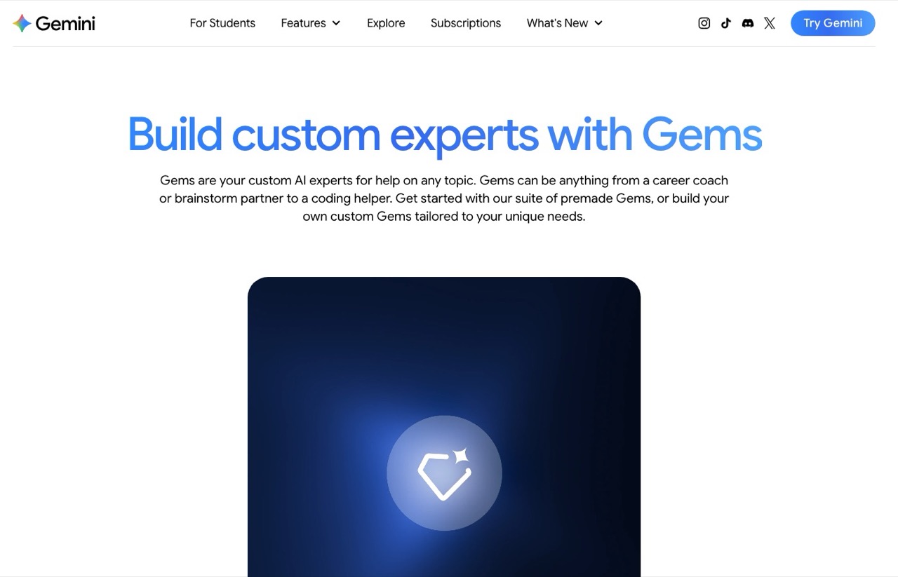 Google's Gemini Gems page describing custom AI experts you build inside Gemini