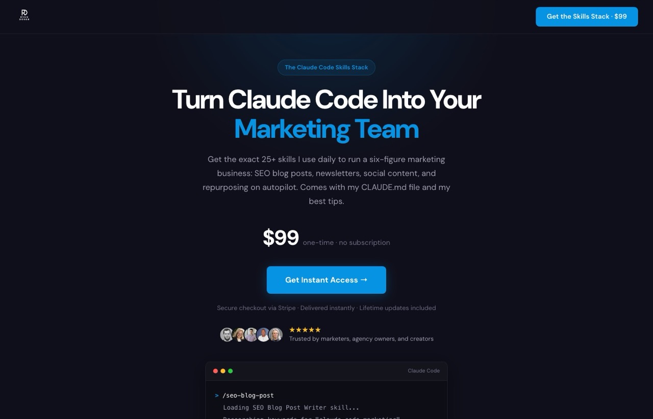 The AI Skills Stack paid Claude skills product page, the buy side of free vs paid Claude skills